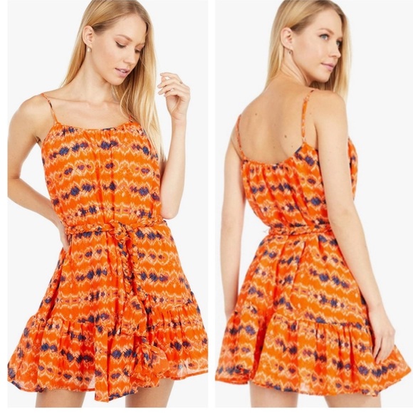 New Wayf Orange Batik Print Belted Chiffon Shift Dress - Picture 1 of 7
